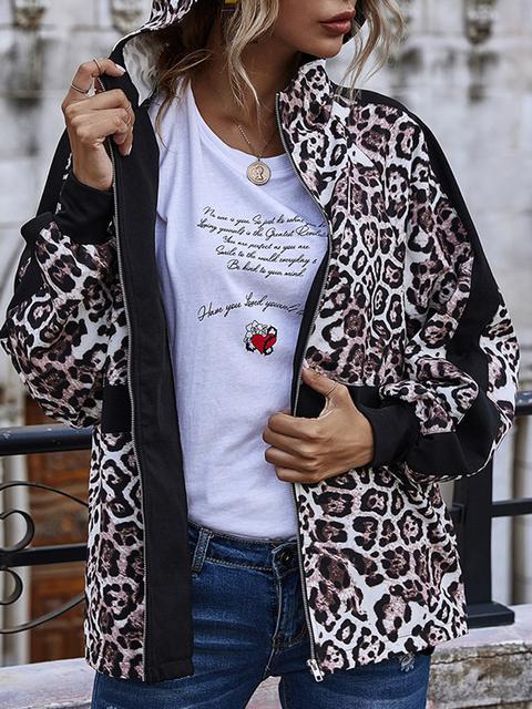 Leopard Print Zipper Hooded Coat
