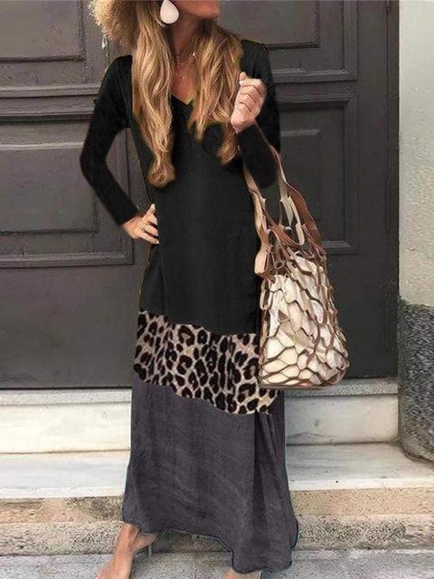 Long Sleeve Leopard Print Color Block Dress