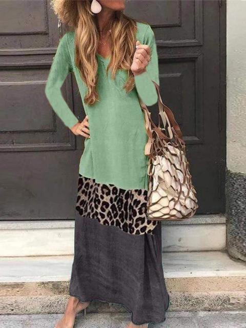 Long Sleeve Leopard Print Color Block Dress