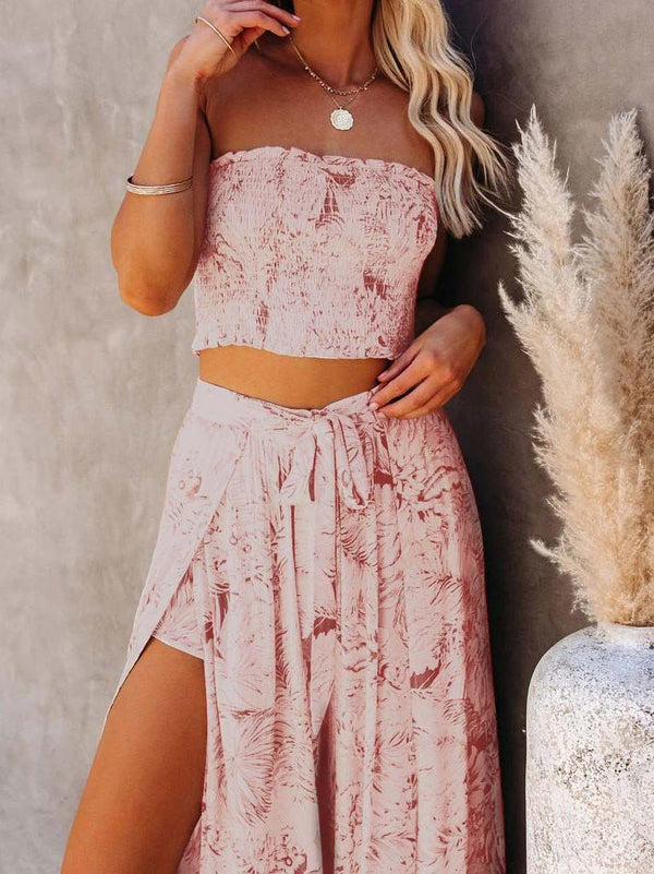 Pleated Printed Tube Top & Pants Skirt Two-piece Outfit