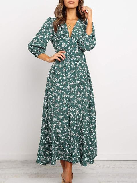 V Neck Long Dress Floral Print Lantern Sleeve A-line Maxi Dress