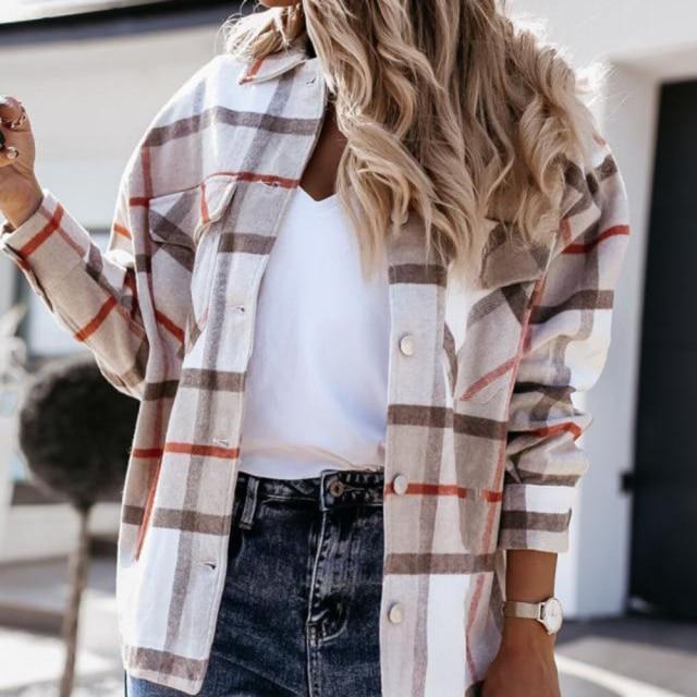 Long Sleeve Button Up Collared Plaid Blouse Tops