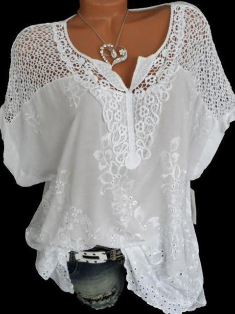 Casual Short Sleeve Loose Lace Patchwork Blouses Tops