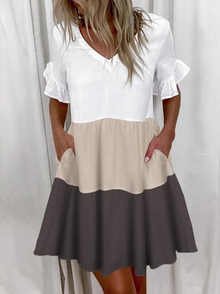 Elegant V-Neck Short Sleeve Patchwork Ruffle Mini Dress