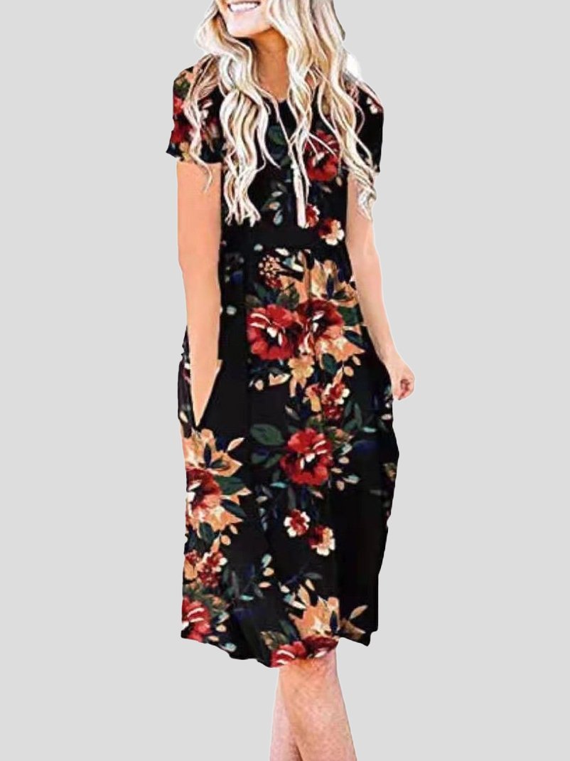 Short-sleeved Floral Print Mid-waist Midi Dress