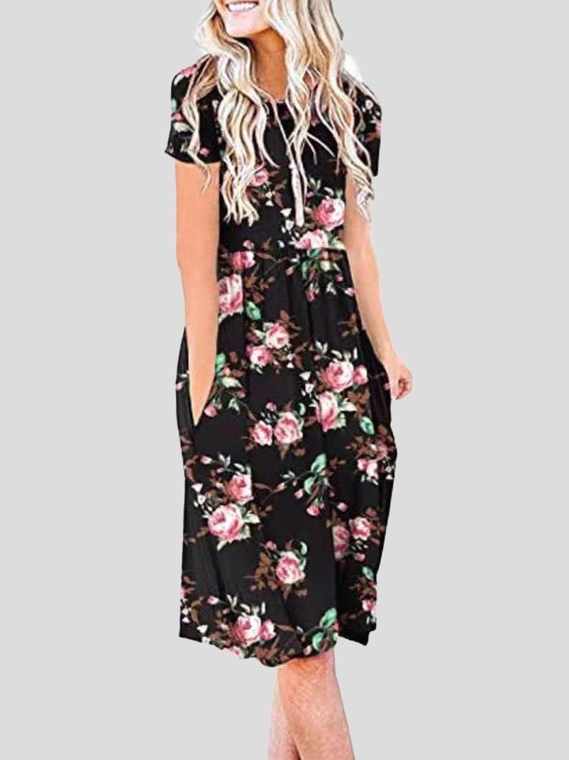 Short-sleeved Floral Print Mid-waist Midi Dress