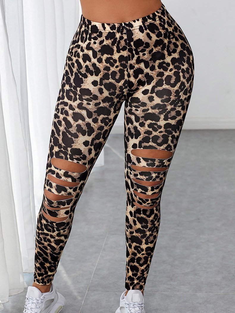Skinny Leopard Print Broken Holes Leggings