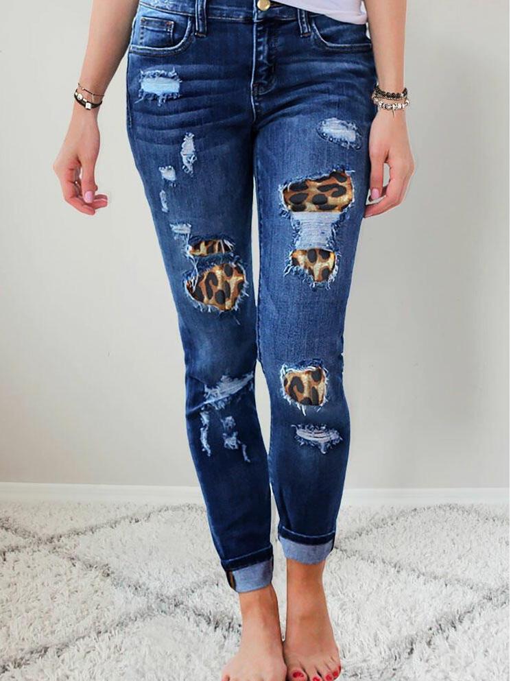 Skinny Leopard Print Ripped Stretch Jeans
