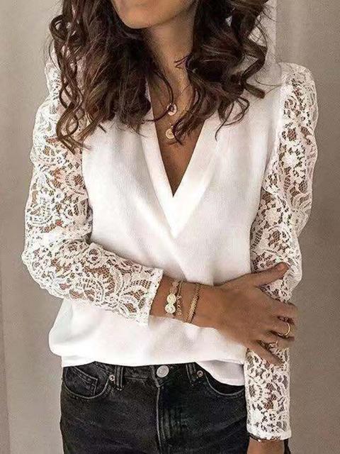 Solid V Neck Lace Sleeve Tops