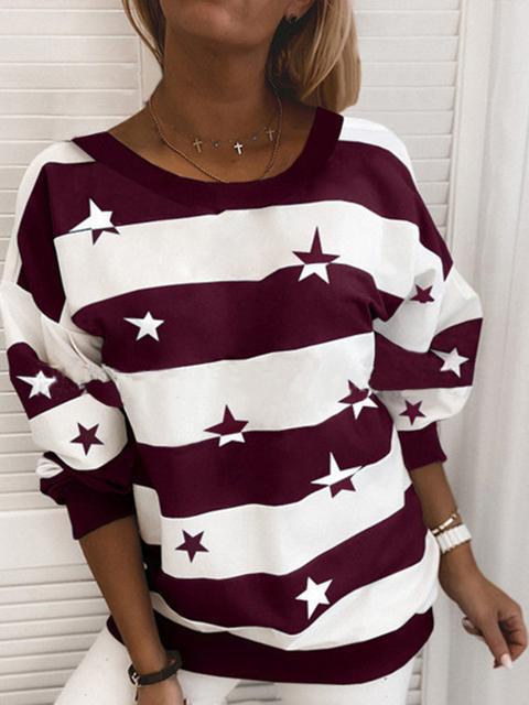 Stripe Star Print Round Neck Sweater