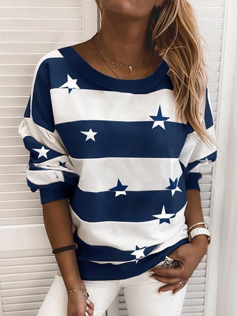 Stripe Star Print Round Neck Sweater