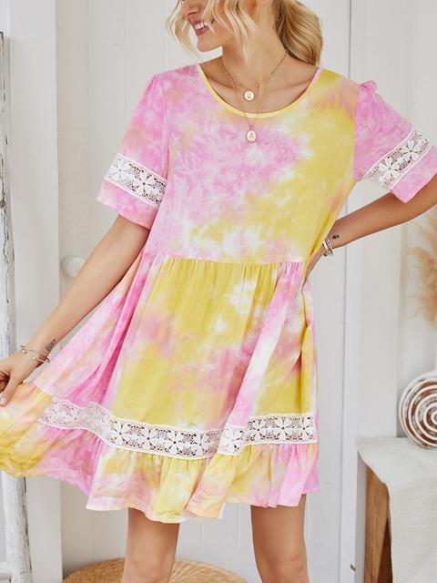 Tie-dye Print Lace Patchowrk Short Dress