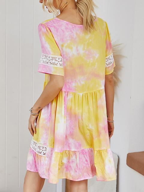 Tie-dye Print Lace Patchowrk Short Dress