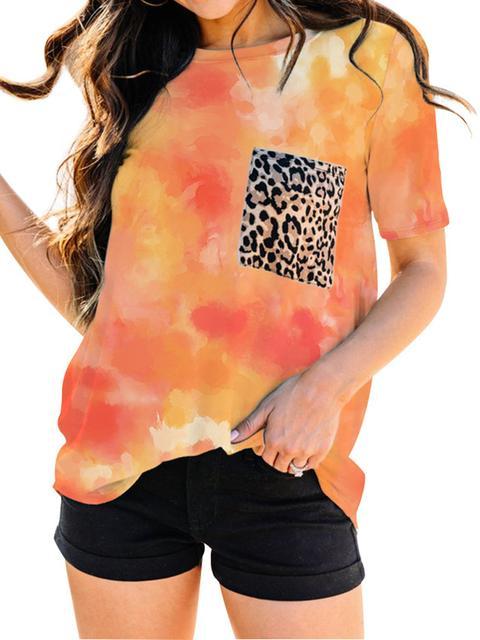 Tie-dye Print Leopard Pocket T-shirt