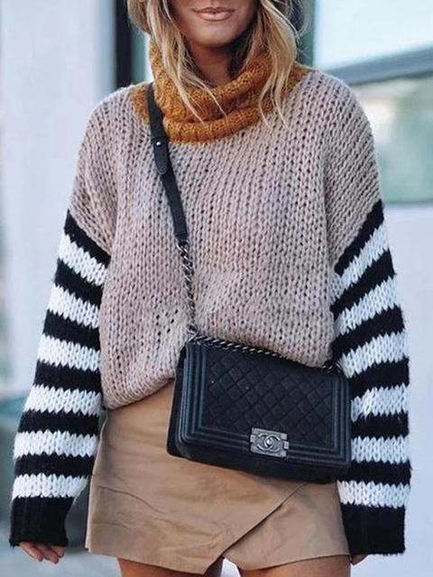 Turtleneck Striped Sleeve Print Sweater
