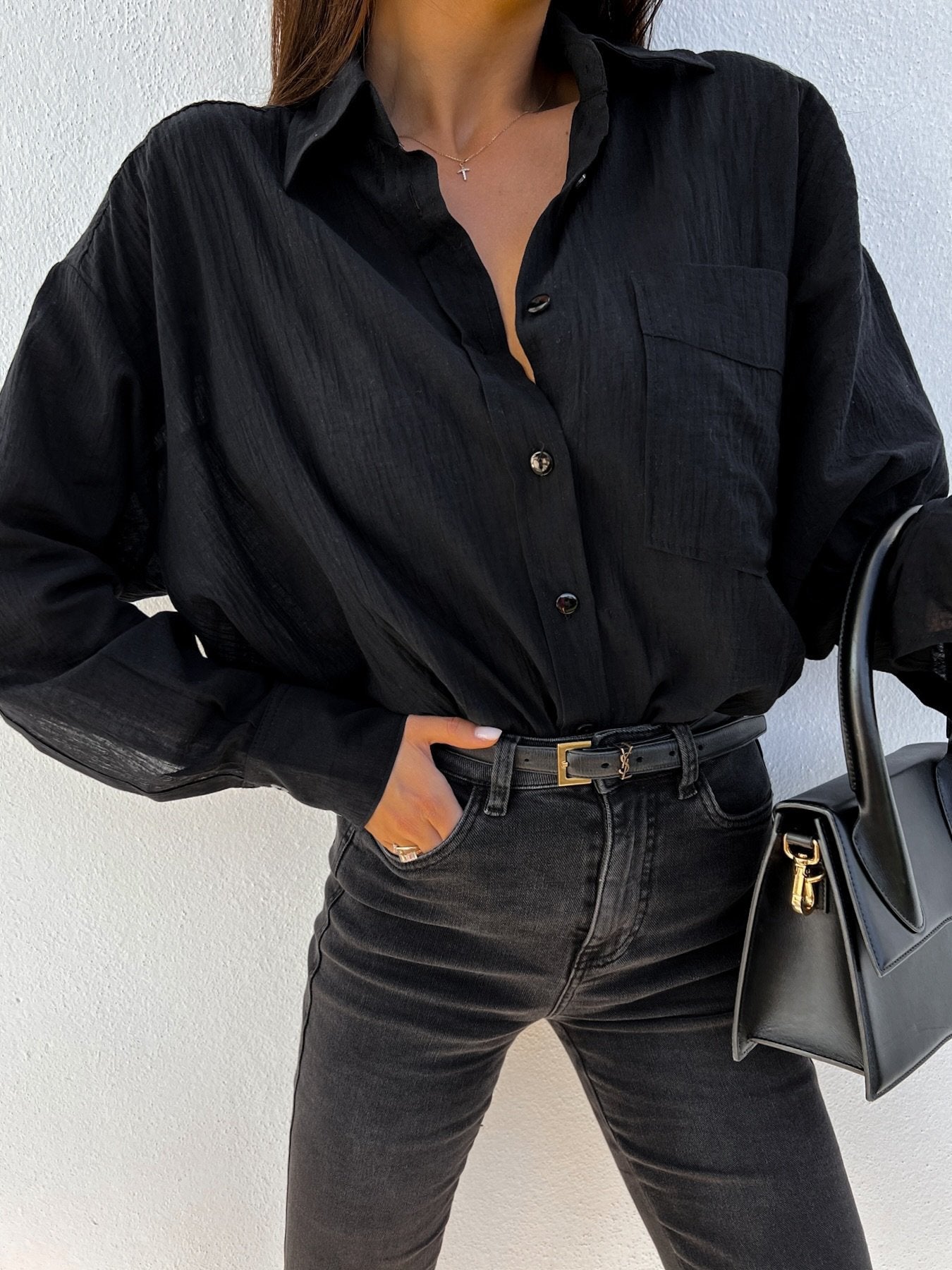 Women's Blouses Lapel Solid Button Long Sleeve Blouse