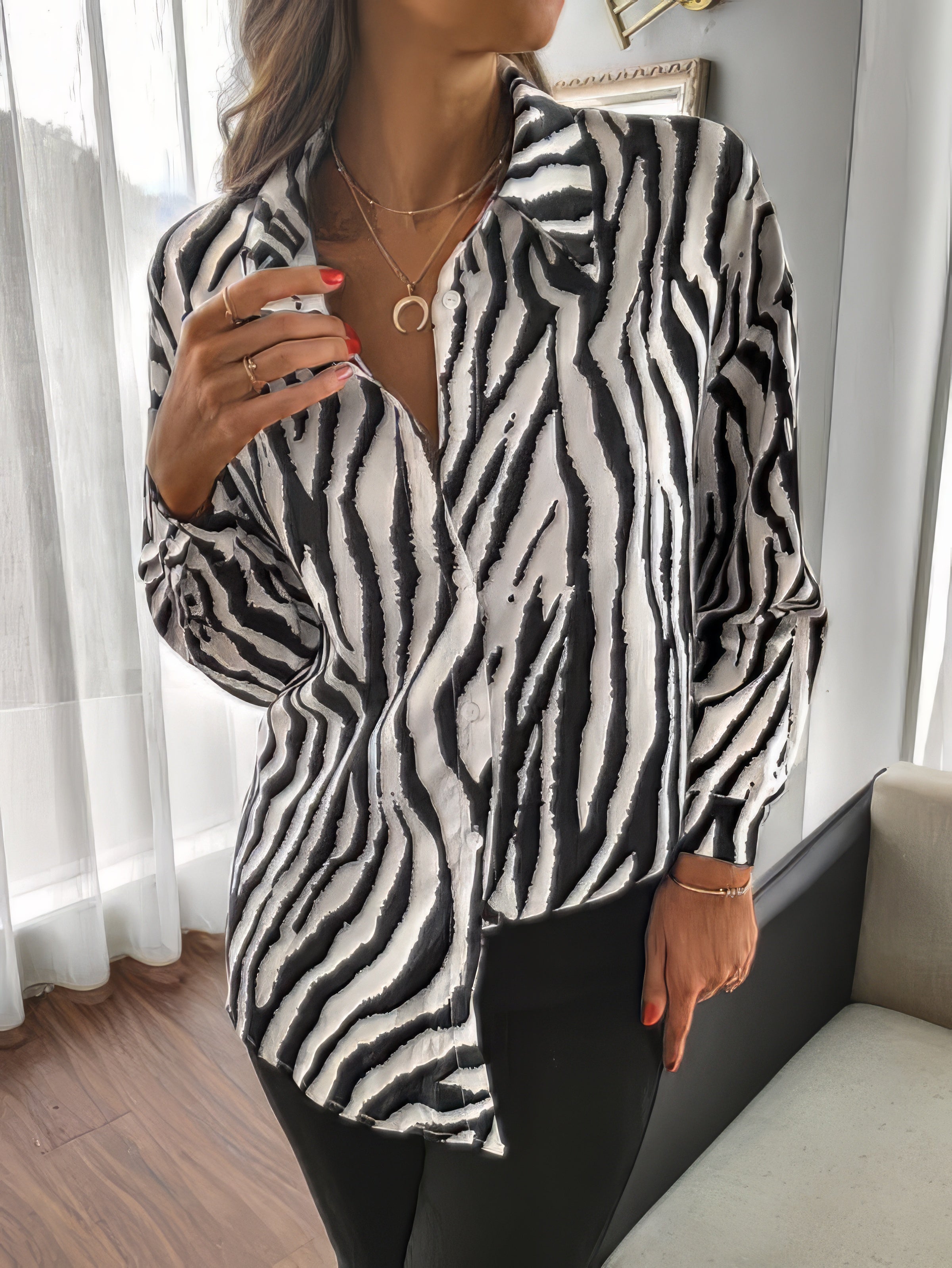 Women's Blouses Lapel Zebra Print Button Long Sleeve Blouse