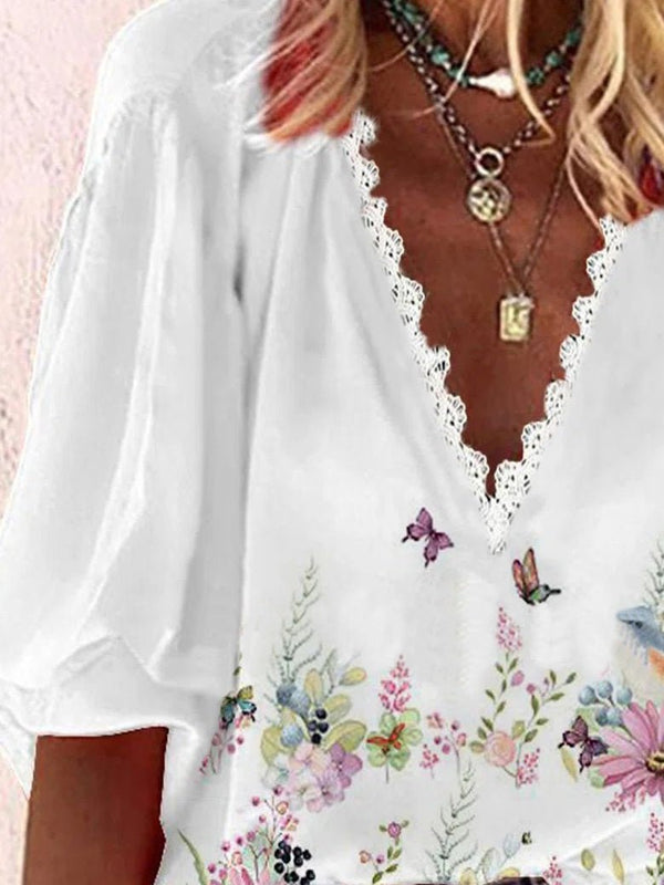 Women's Blouses Loose Print V-Neck Lace Mid Sleeve Blouse
