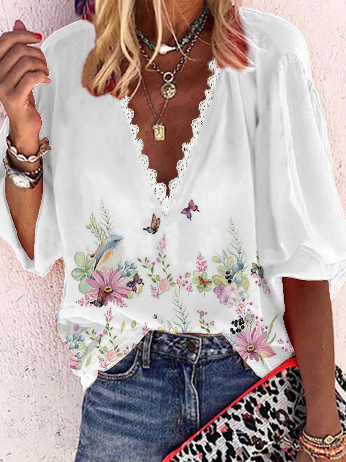 Women's Blouses Loose Print V-Neck Lace Mid Sleeve Blouse