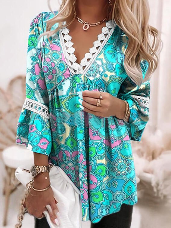Women's Blouses Printed Lace V Neck 3/4 Sleeve Blouse