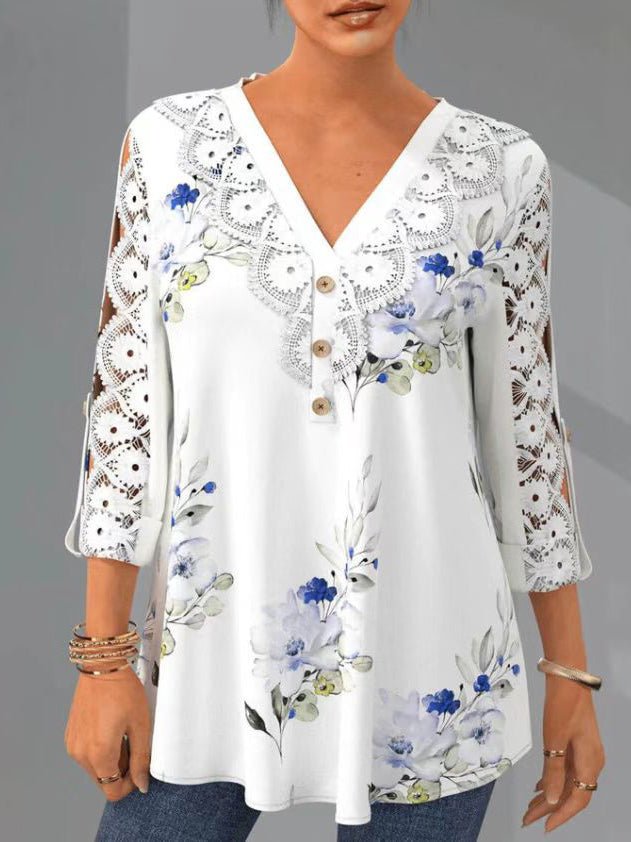 Women's Blouses Printed Lace V-Neck 3/4 Sleeves Blouse