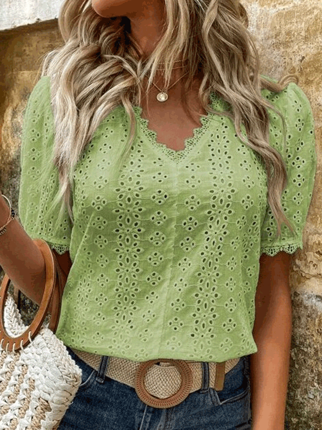 Women's Blouses Solid Lace Cutout Short Sleeve Blouse
