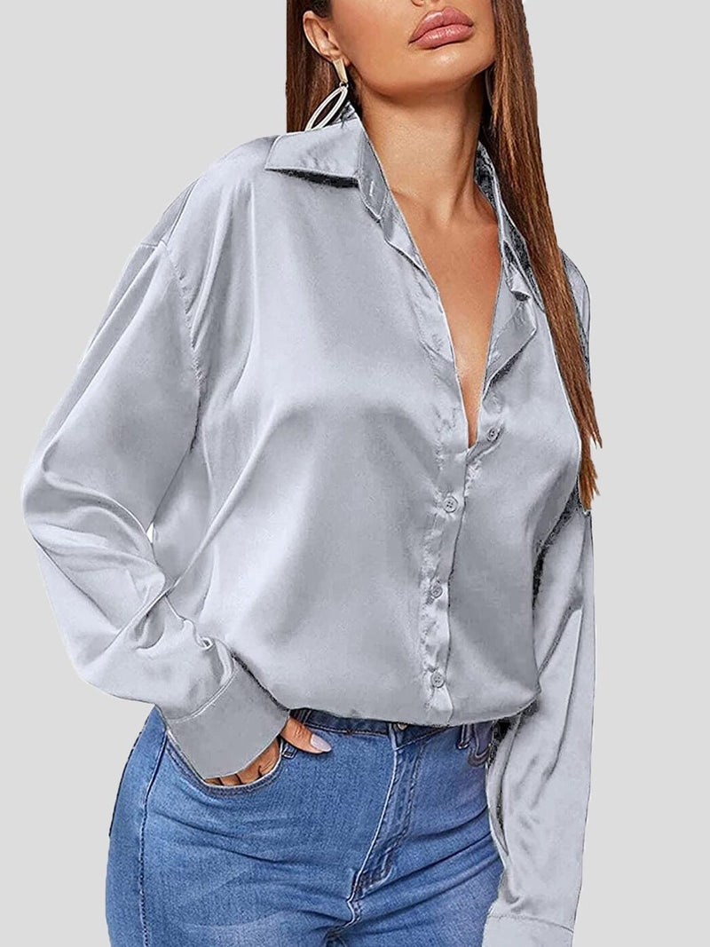 Women's Blouses Solid Satin POLO Neck Long Sleeve Blouse