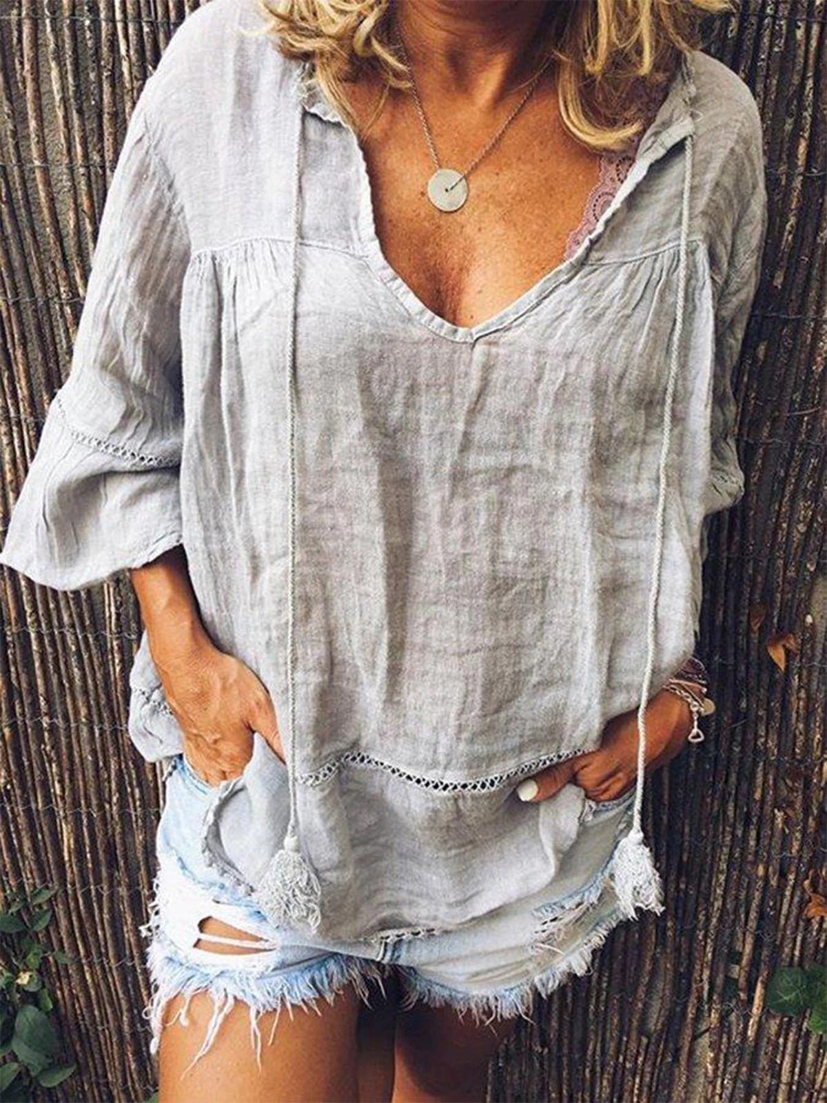 Women's Blouses Solid V-Neck Hollow Long Sleeve Blouse