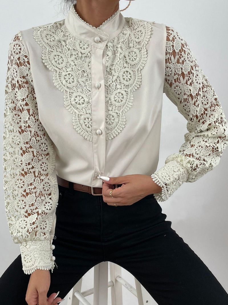 Women's Blouses Stand Collar Lace Cutout Long Sleeve Blouse