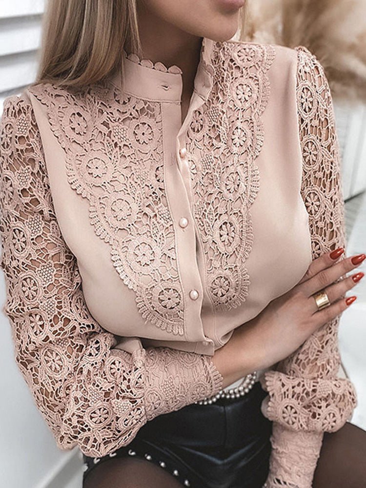 Women's Blouses Stand Collar Lace Cutout Long Sleeve Blouse