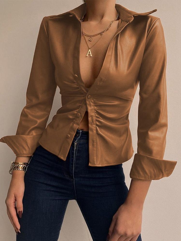 Women's Blouses V-Neck Button Long Sleeve PU Leather Blouse