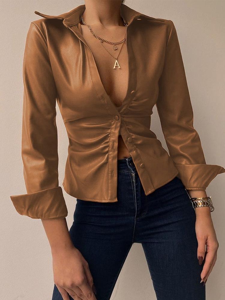 Women's Blouses V-Neck Button Long Sleeve PU Leather Blouse