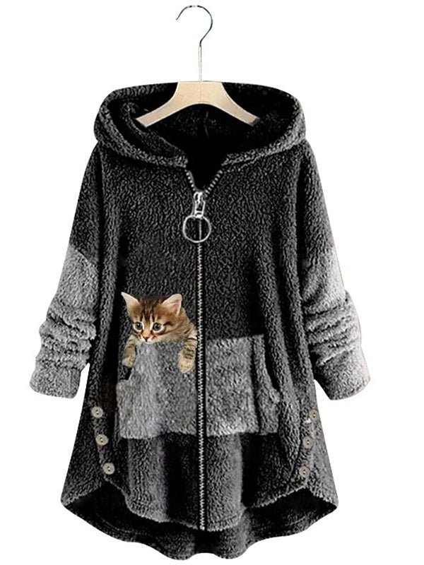 Women's Coats Cute Hooded Zipper Cat Printed Coat