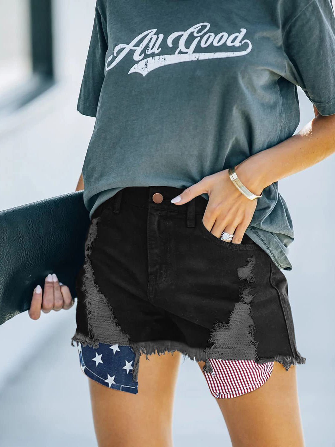 Women's Denim Shorts Pocket Star-Striped Fringed Denim Shorts