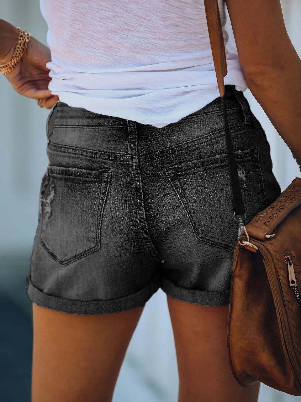 Women's Denim Shorts Shredded Rolled Stretch High Waist Denim Shorts
