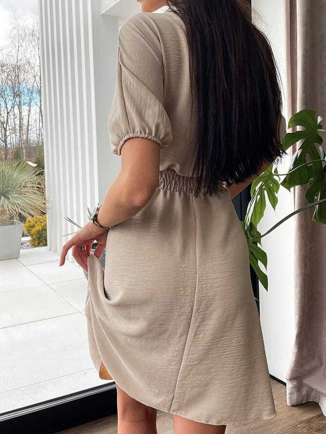 Women's Dresses Lapel Button Elastic Waist Short Sleeve Dress