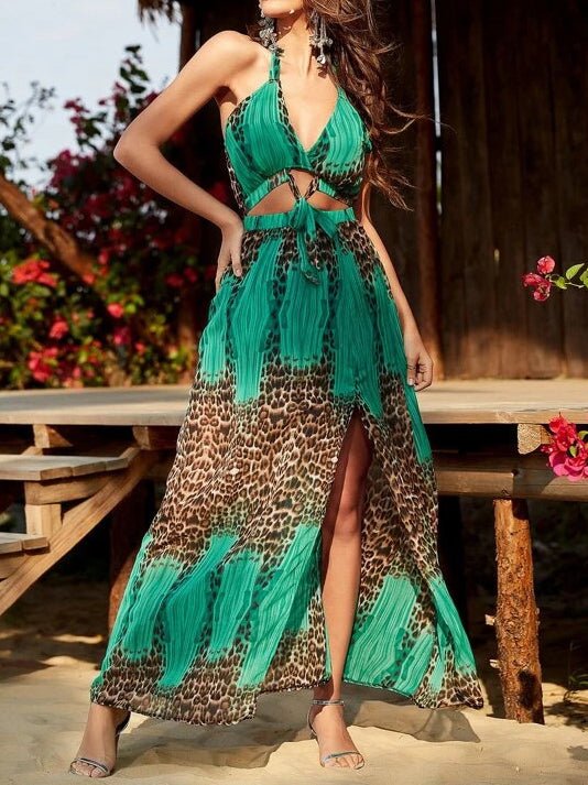 Women's Dresses Leopard Print Strap Halter Open Back Slit Dress