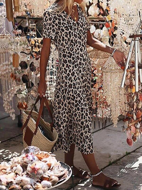Women's Dresses Leopard Print V-Neck Short Sleeve Dress