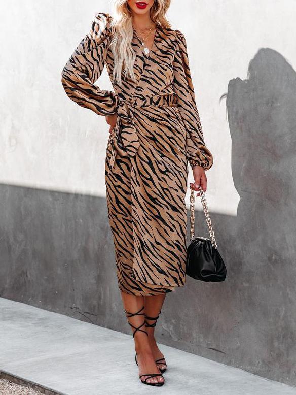 Women's Dresses Leopard Print V-Neck Tie Long Sleeve Dress