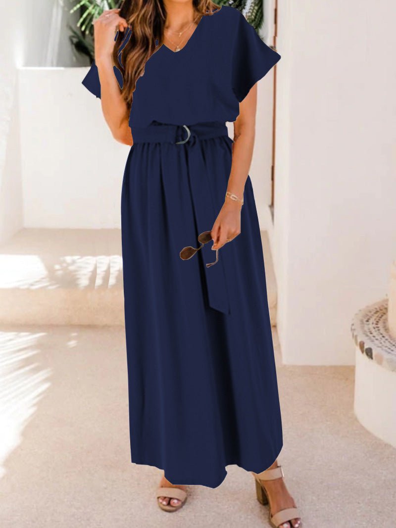 Women's Dresses Loose Solid Belt Short Sleeve Dress