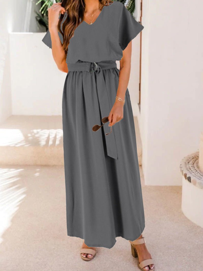Women's Dresses Loose Solid Belt Short Sleeve Dress