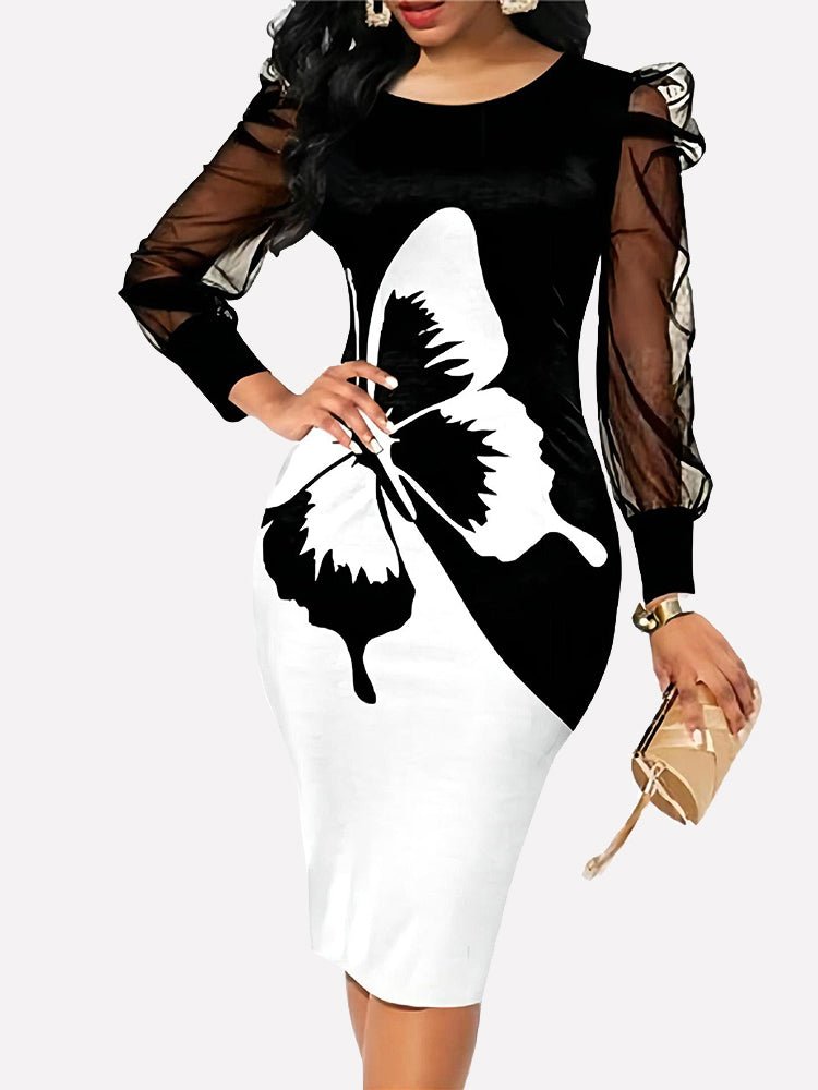 Women's Dresses Mesh Long Sleeve Butterfly Print Midi Dress