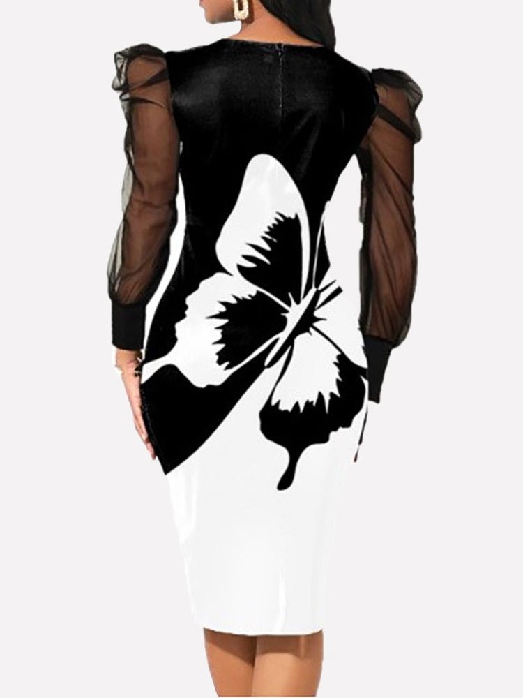 Women's Dresses Mesh Long Sleeve Butterfly Print Midi Dress