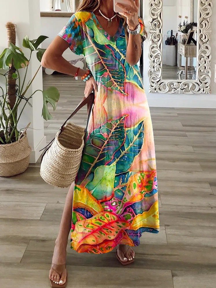 Women's Dresses Multicolor Leaf V-Neck Short Sleeve Slit Dress