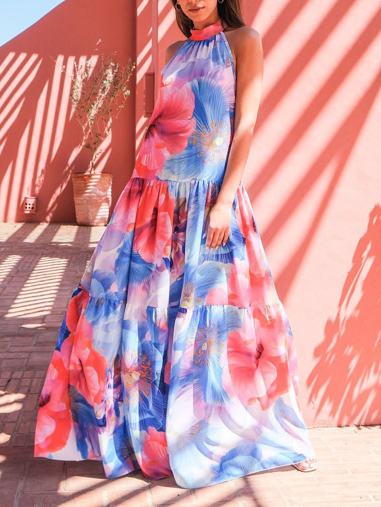 Women's Dresses Multicolor Print Halter Neck Sleeveless Dress