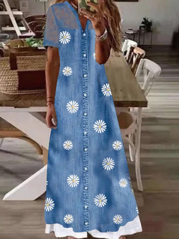 Women's Dresses Printed Lace Panel Denim Slim Dress