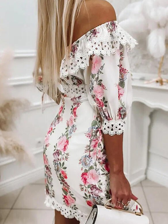 Women's Dresses Printed Off-Shoulder Lace Short Sleeve Dress