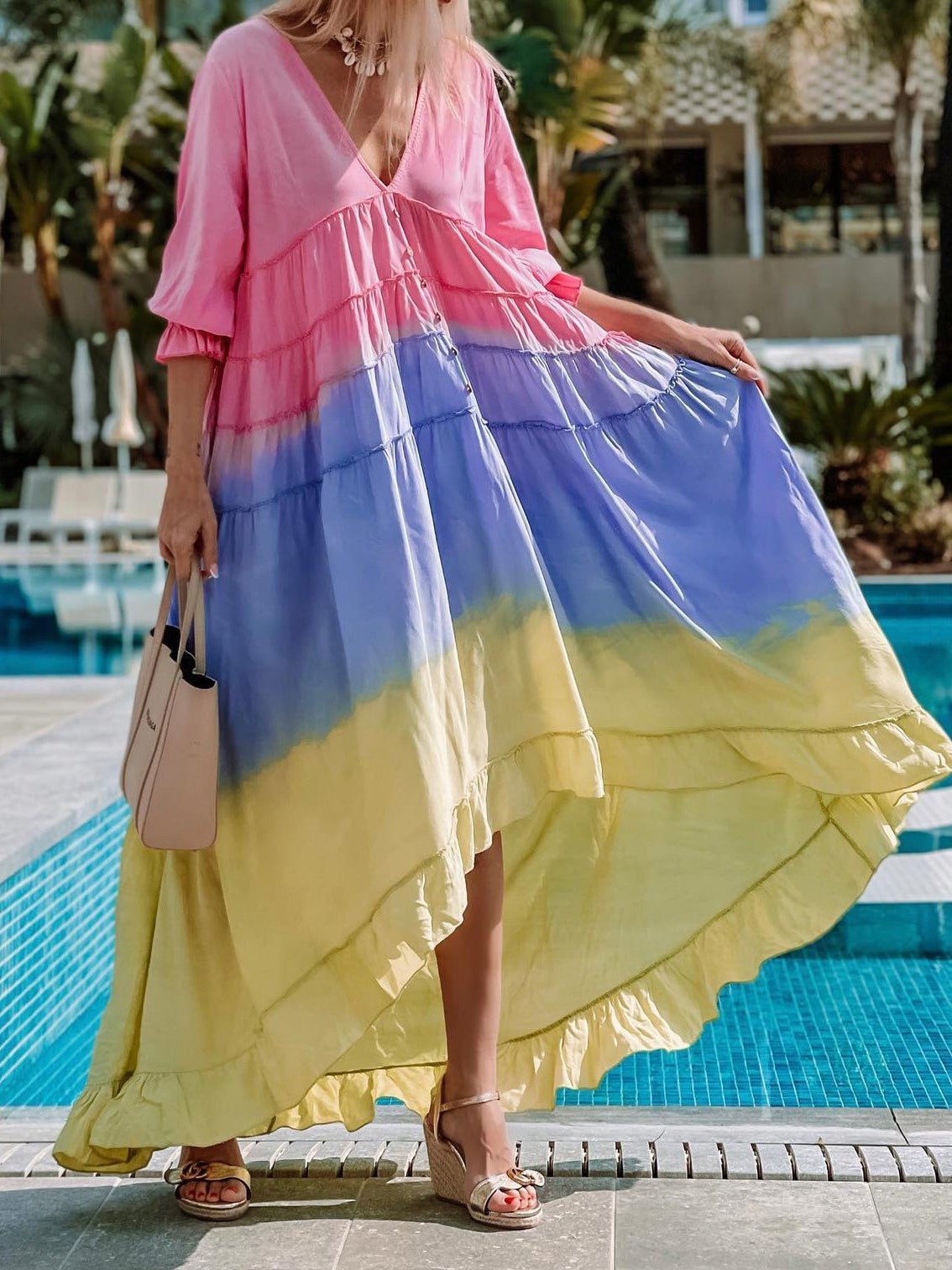 Women's Dresses Rainbow Print V-Neck Ruffle Dress