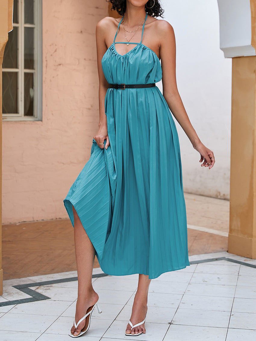 Women's Dresses Solid Hanging Neck Pleated Maxi Dress