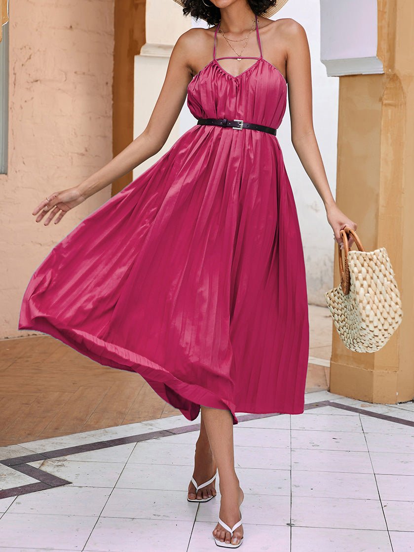 Women's Dresses Solid Hanging Neck Pleated Maxi Dress